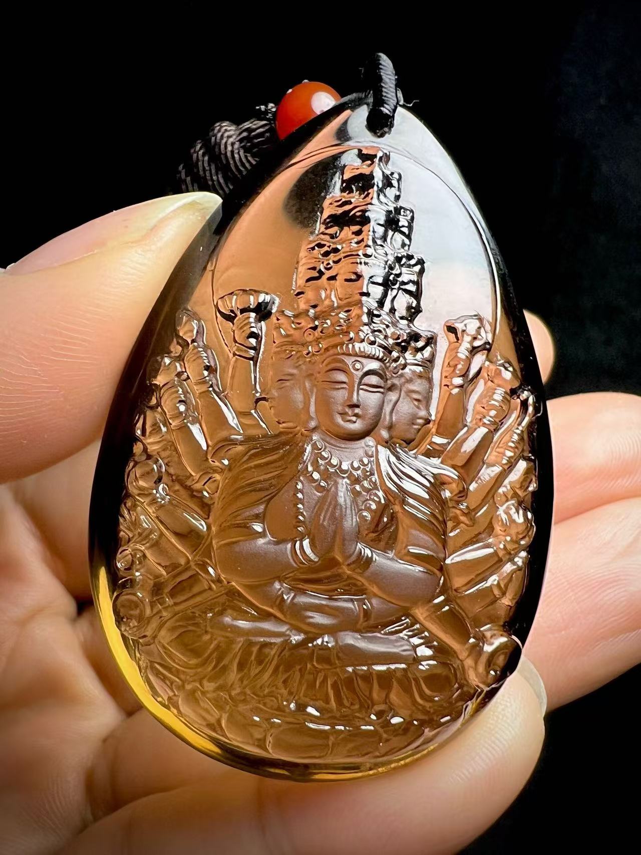 Natural Tea Crystal Thousand Hands of Goddess of Mercy Pendant.