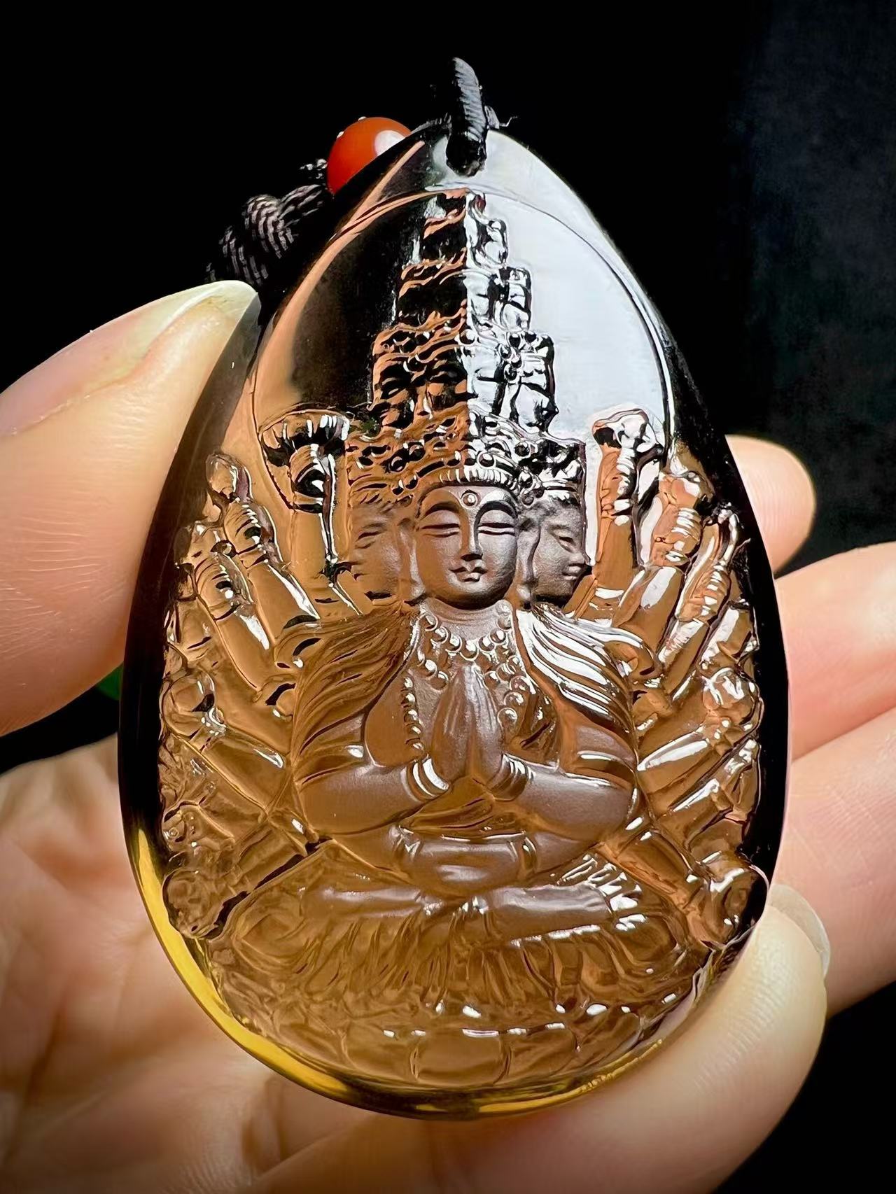 Natural Tea Crystal Thousand Hands of Goddess of Mercy Pendant.