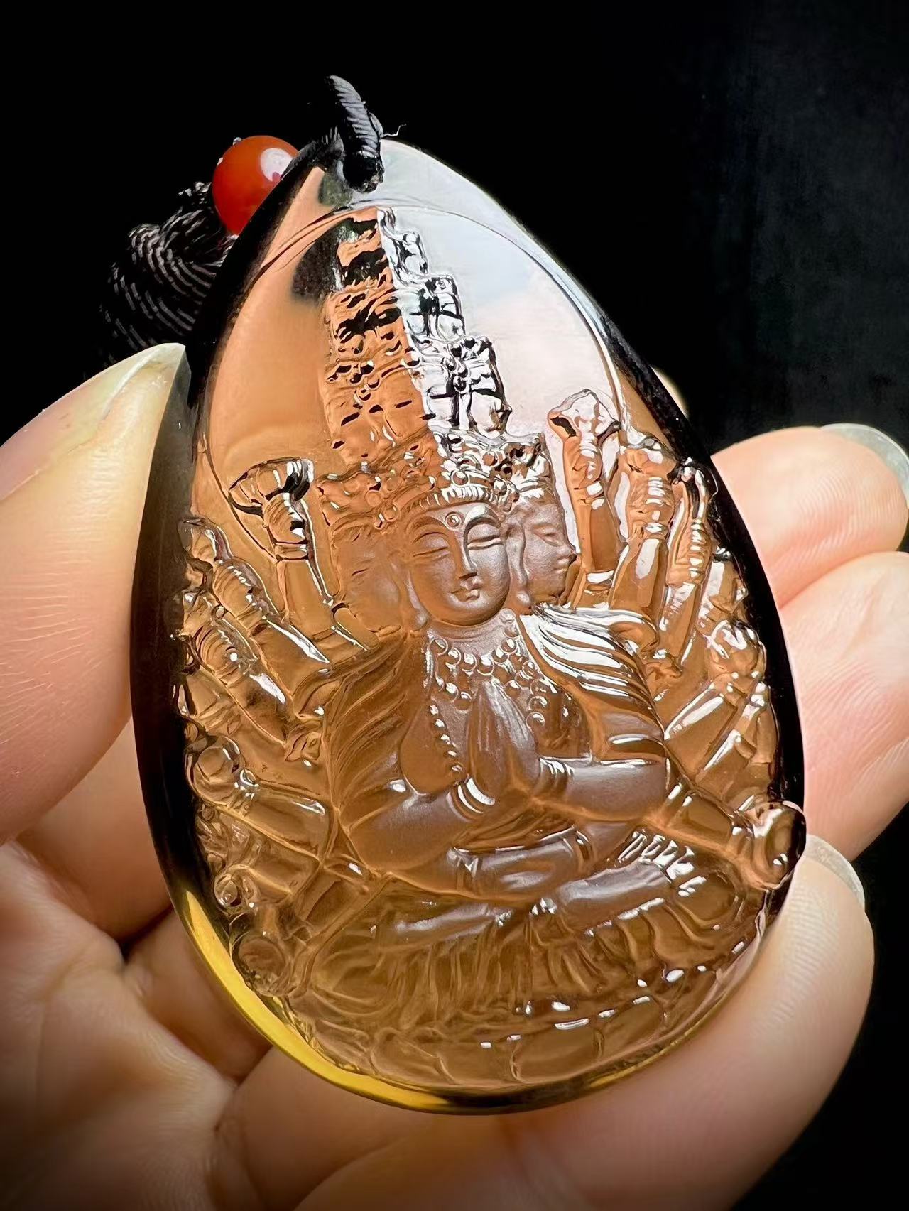 Natural Tea Crystal Thousand Hands of Goddess of Mercy Pendant.